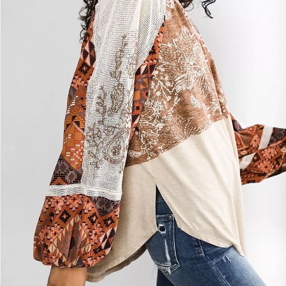 BKE M Medium Women's Flowy Brown and Cream Top - Picture 4 of 8